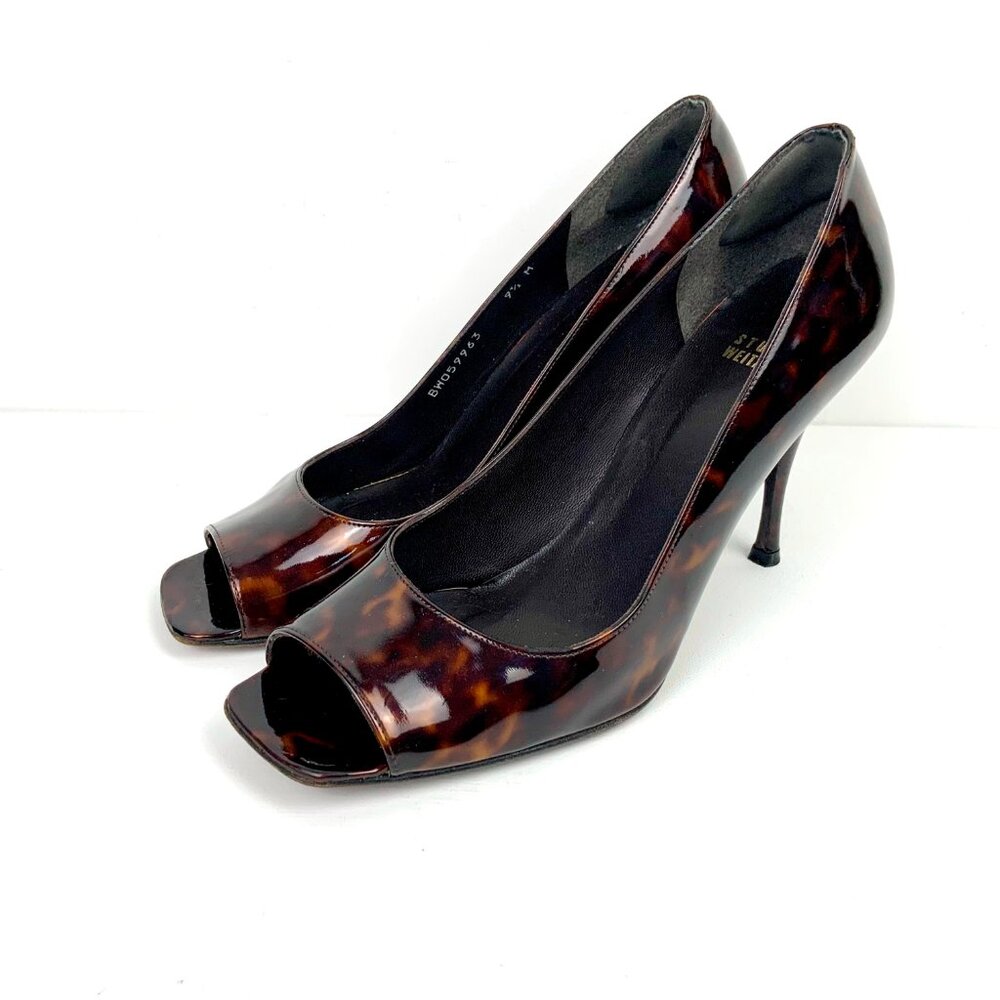 Stuart Weitzman Brown Patent Leather Tortoise Shell Peep Toe Pumps Size 9.5M - Picture 4 of 16